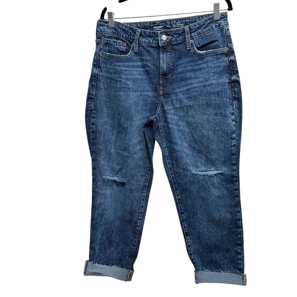 Old Navy OG Straight High Rise Distressed Jeans Dark Wash 12 Petite Raw Hem
